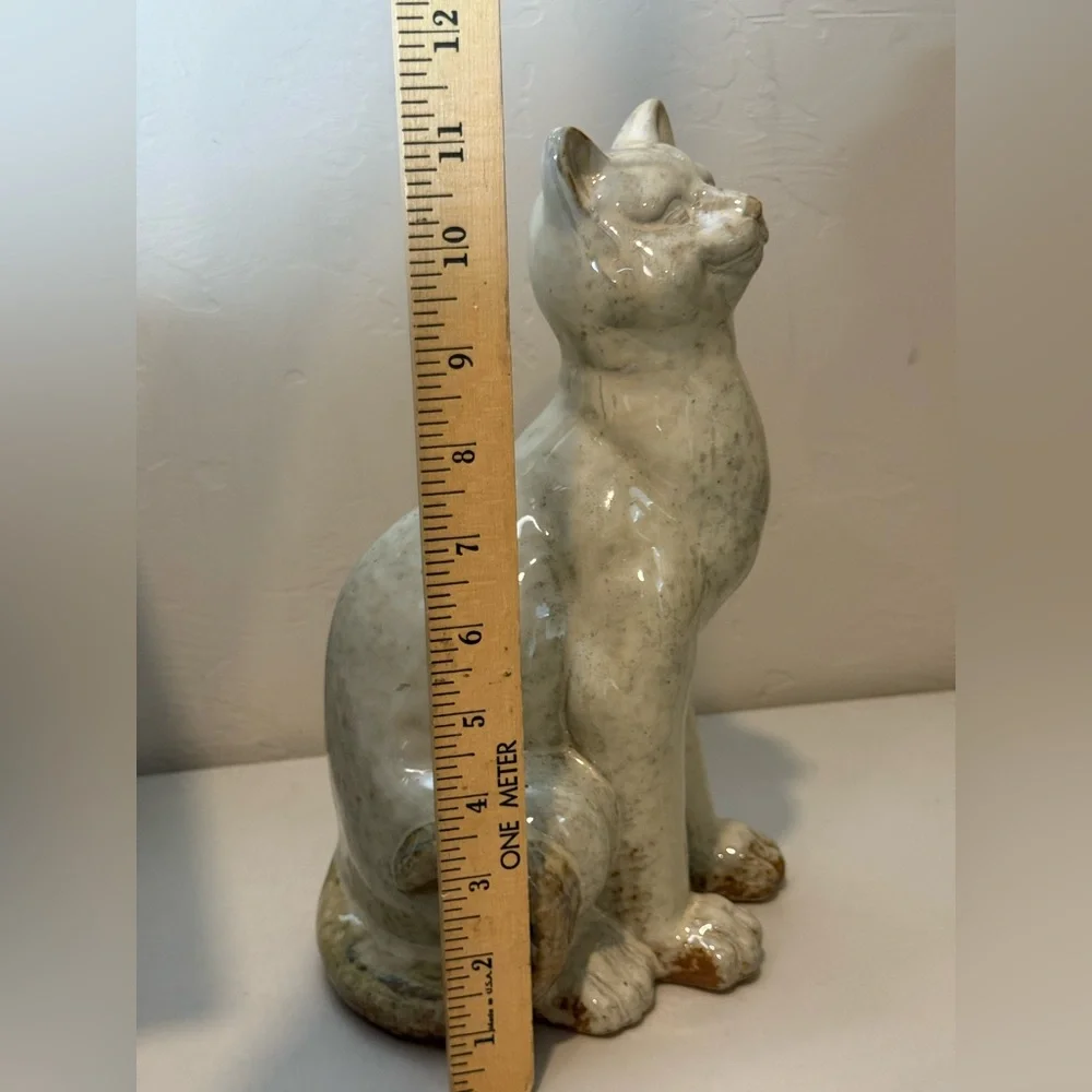 Vintage Pottery Large Smiling‎ Tall Cat Sculpture Figurine Glazed Folk Art Heavy